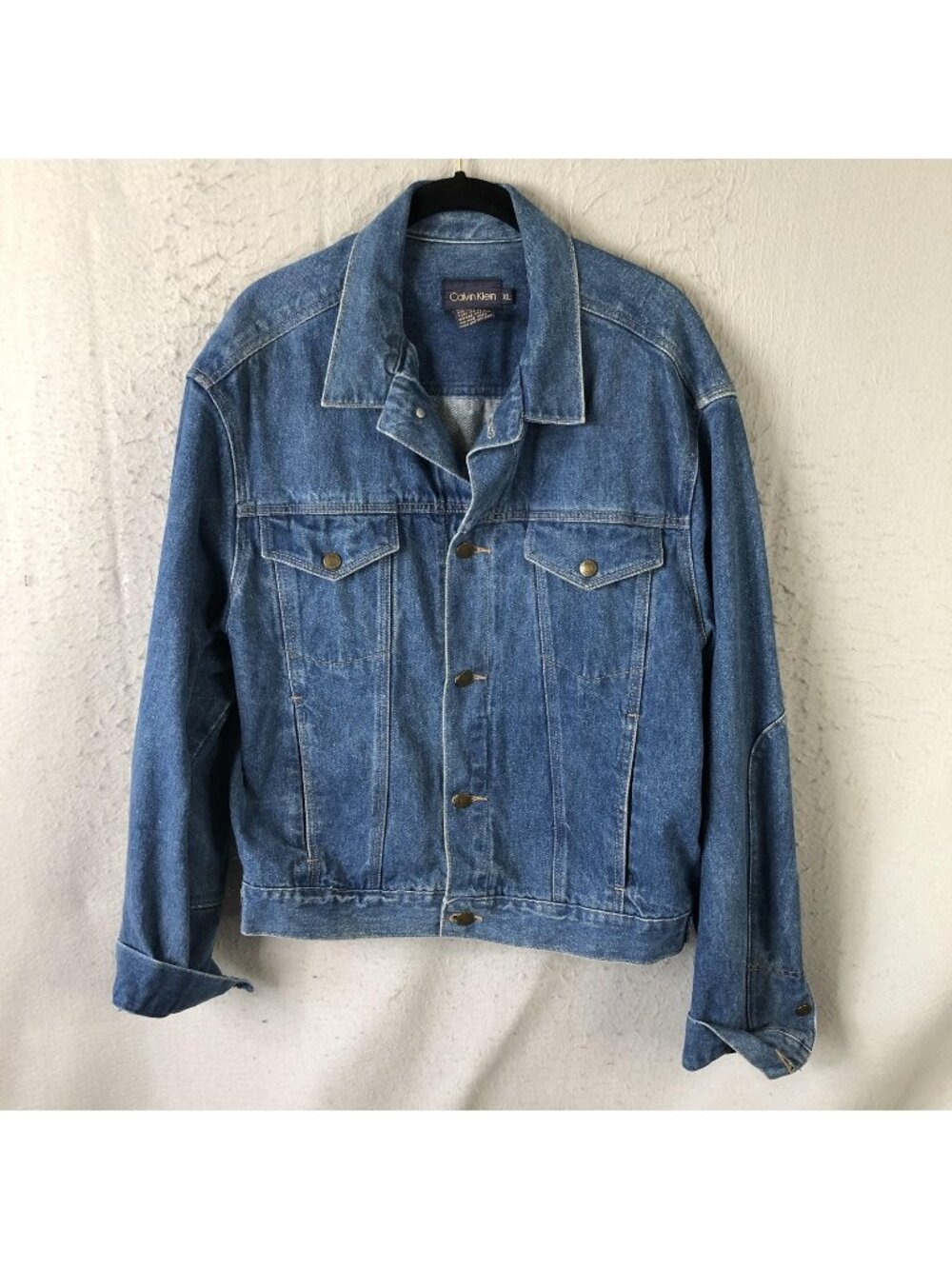 Calvin Klein Jacket Mens XL Blue Denim Bomber Button Front Pockets Trucker